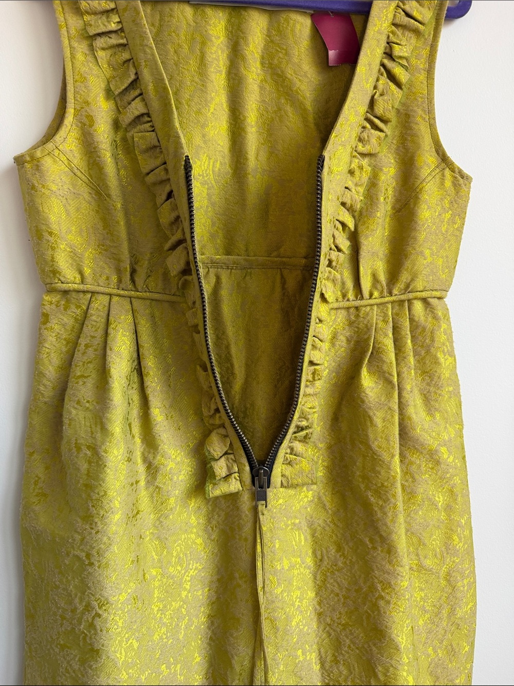 Yellow-Green Textured Ruffle Zip Front Dress - Picture 3 of 7